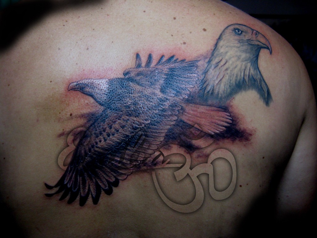 Black and White Eagles Back Tattoo