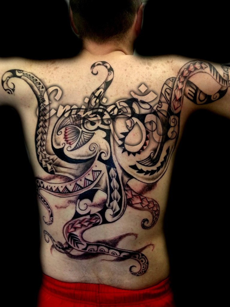 Black and White Octopus Full Back Tattoo