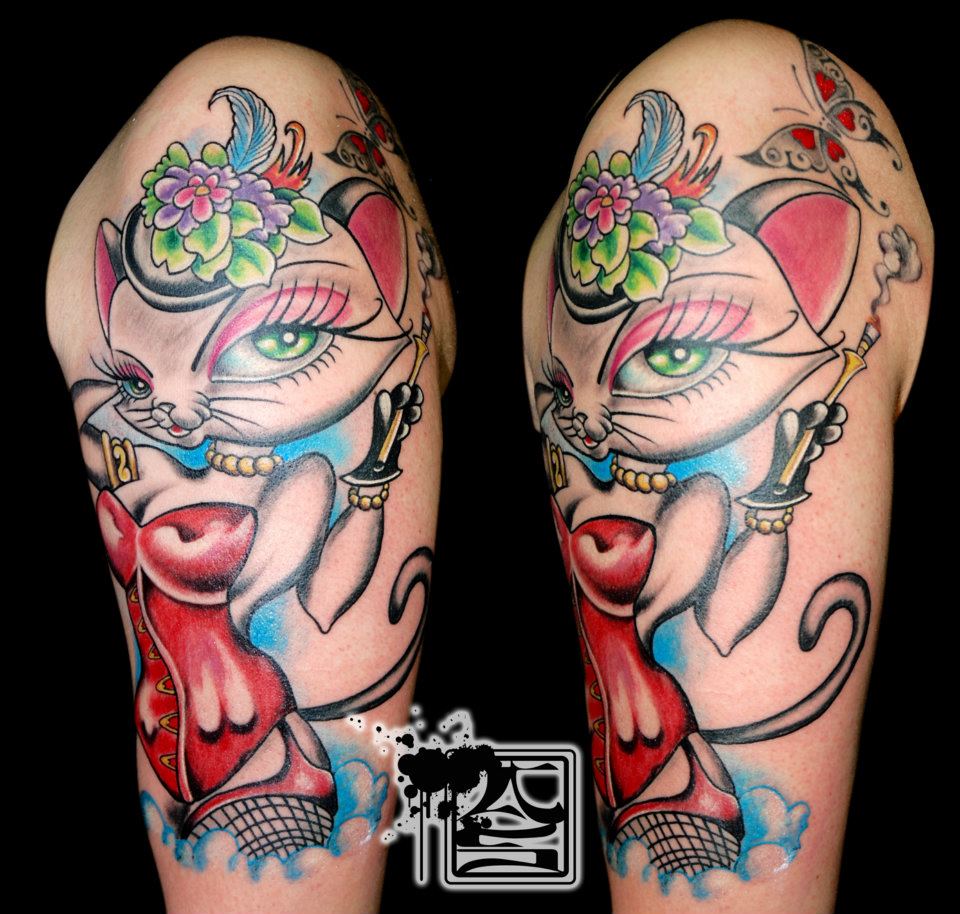 Colorful Lady Cat Half Sleeve Tattoo