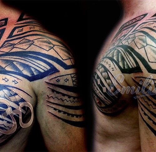 Polynesian Shoulder and Half Chest Tattoo